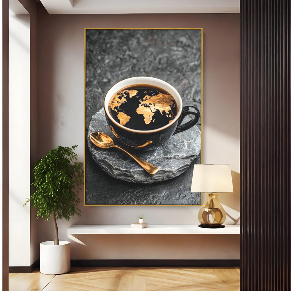 Tablou canvas cu tablou canvas cu ceasca de cafea si harta lumii, in rama de aluminiu auriu